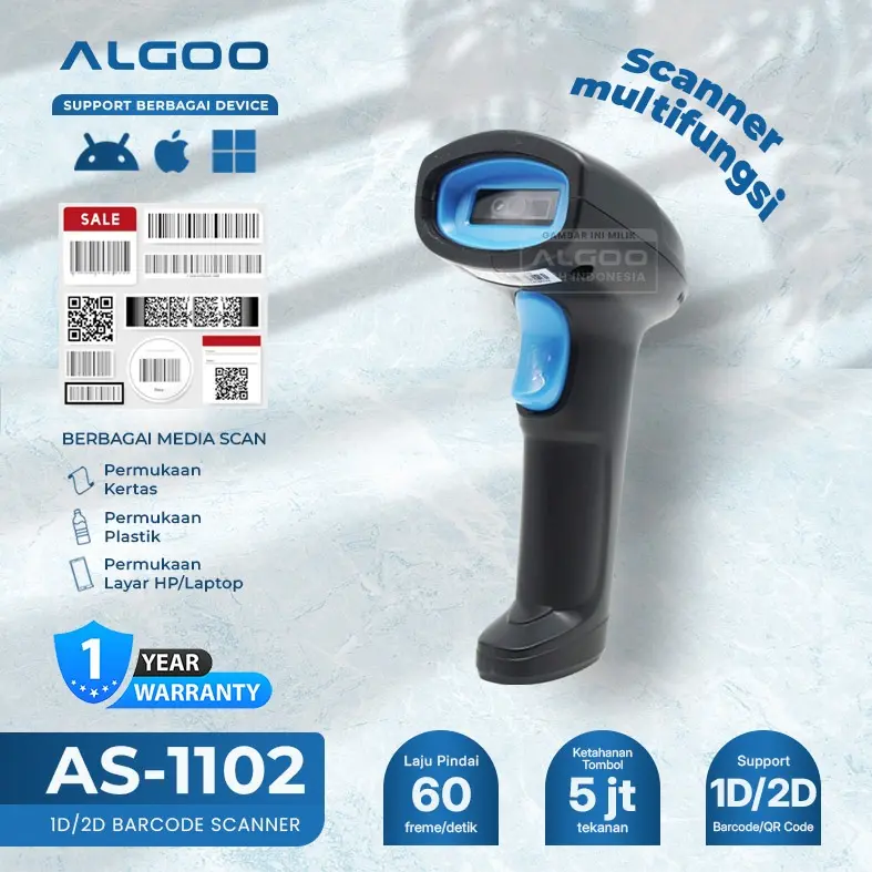 ALGOO AS-1102 Barcode Scanner USB Bluetooth Wireless 1D/2D Auto Scan With Stand