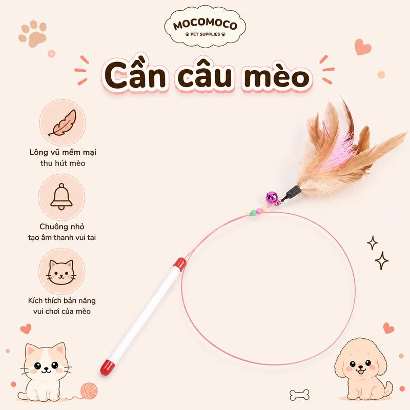 Cần Câu Mèo Lông Vũ Có Chuông, Cần Câu Trêu Mèo Dây Thép Dẻo, Đồ Chơi Tương Tác Kích Thích Săn Mồi, Giúp Mèo Vận Động