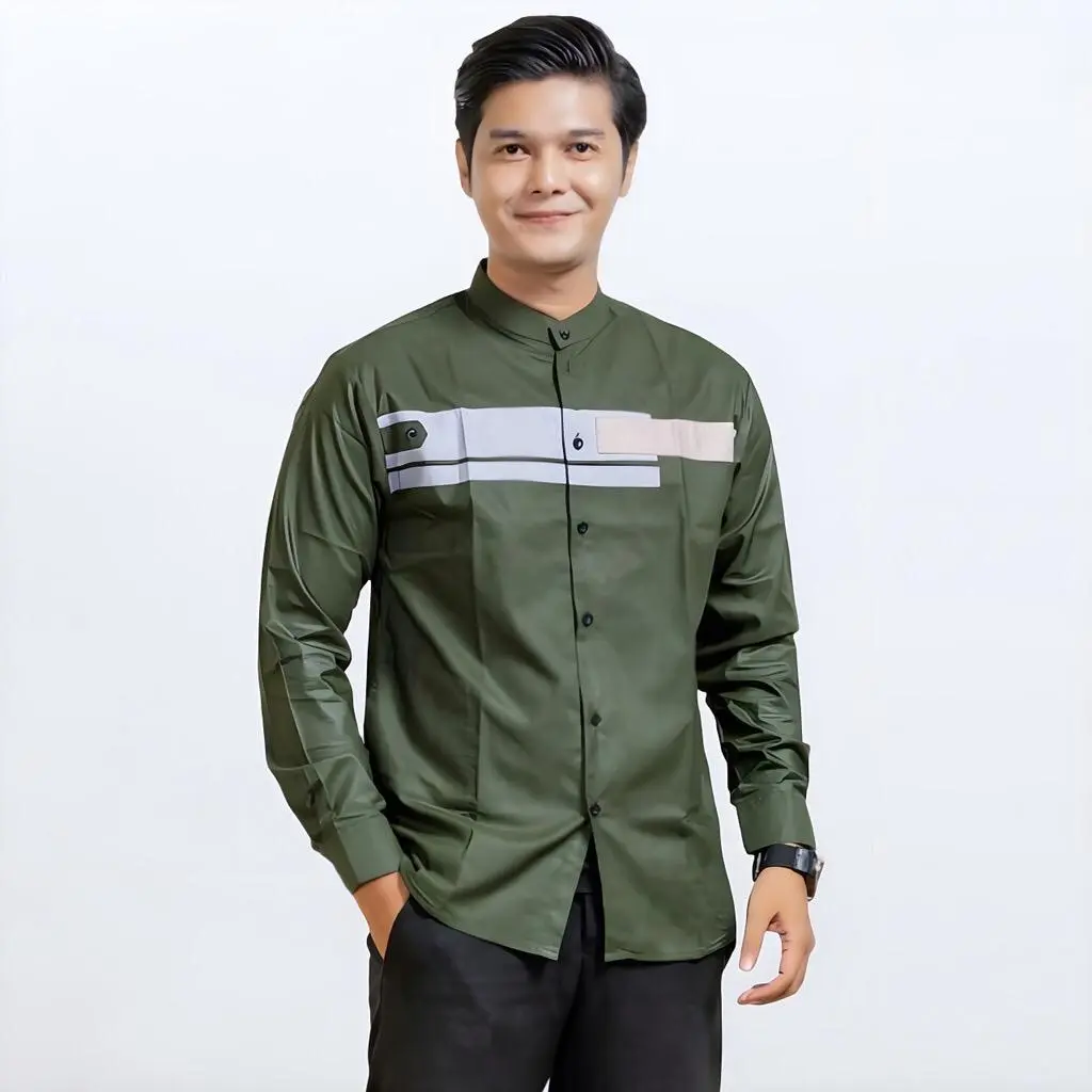 Baju Koko Pria Lengan Panjang Kerah Shanghai Motif Jordan Warna Army