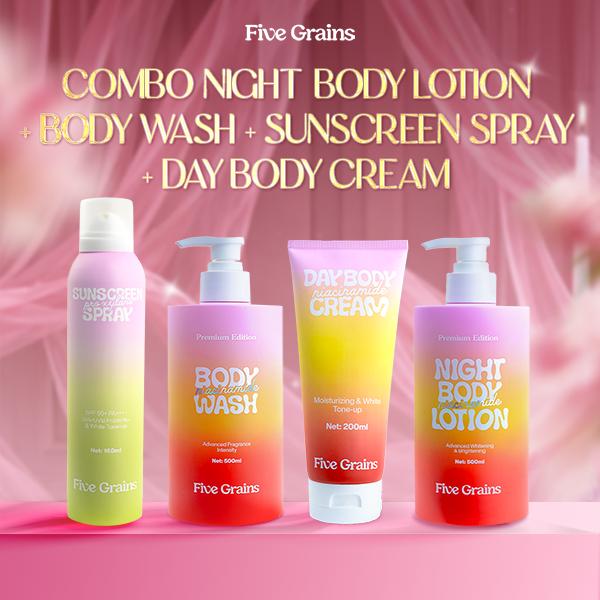 Bộ 4 Bước Chăm Sóc Body Five Grains Ngày và Đêm Sữa Tắm 500ml Kem Ngày 200ml Kem Đêm 500ml Xịt Chống Nắng SPF 50+ PA++++ 160ml - A10