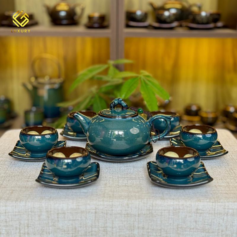 Bộ ấm chén quả hồng xanh hoa 7 món - Gốm Sứ Bát Tràng