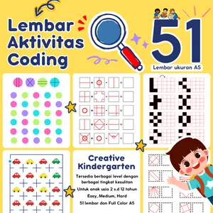 51 Lembar Kertas Aktivitas Koding Anak 2-12 Tahun / Worksheet Coding HVS A5 / Coding Activities for Kids / Buku Belajar Anak TK SD