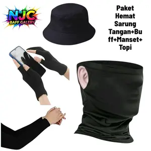 Satu Set  Lengkap Masker Buff Kuping + Sarung Tangan Rajut+ Manset Tangan + Topi ( Bucket Hitam )