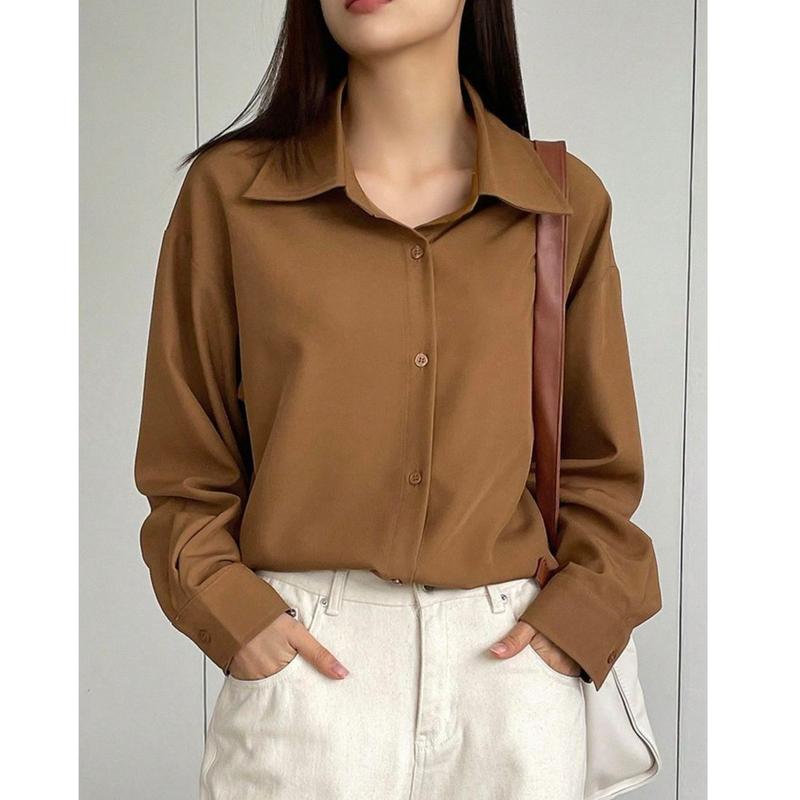 Kemeja Polos Wanita Korean Style Desain Minimalis Lengan Panjang Full Kancing Bahan Shakila Twill Anti Kusut 9