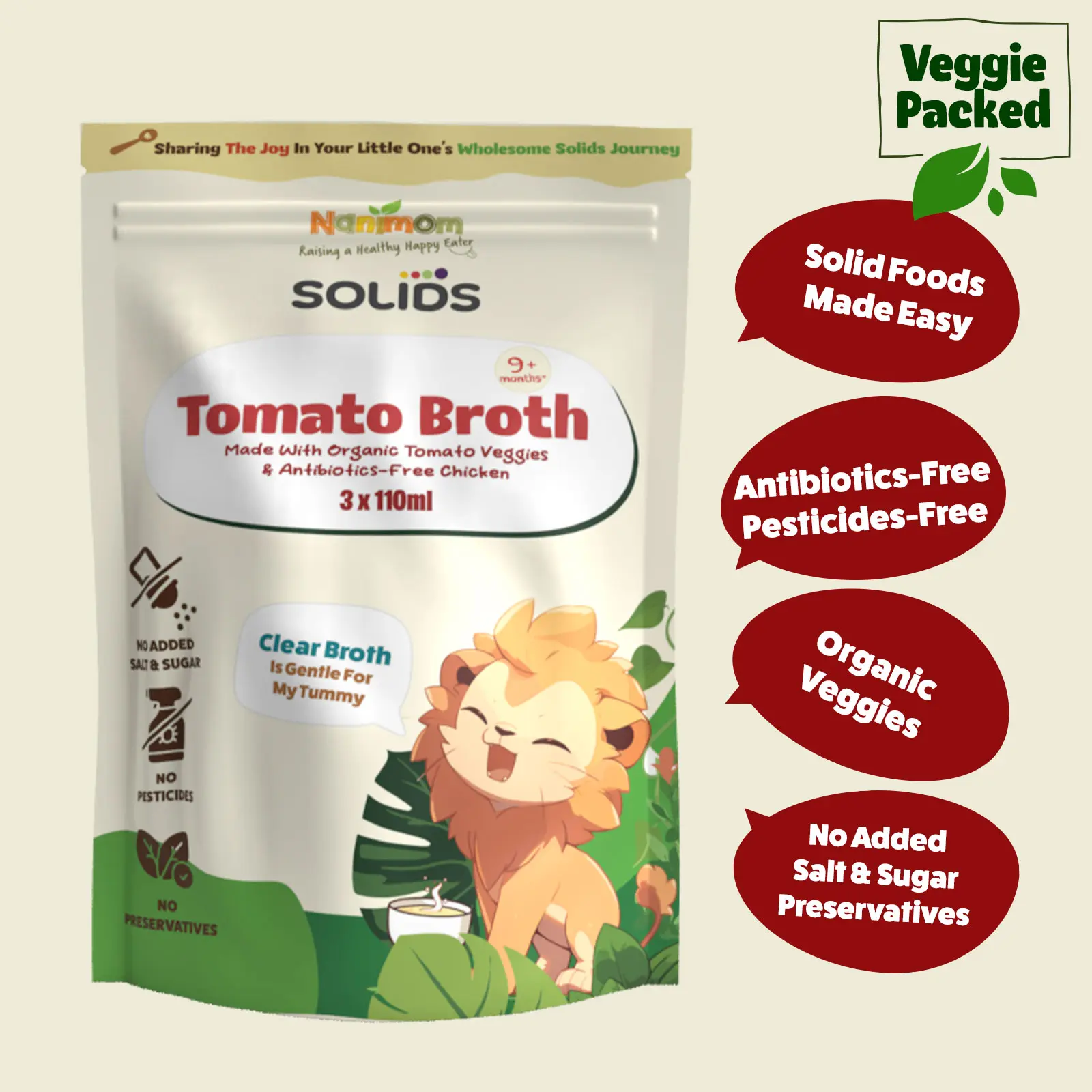 Nanimom Baby Tomato Veggie Broth Made with Organic Tomato & Veggies, Antibiotics-Free Chicken 110mlx3