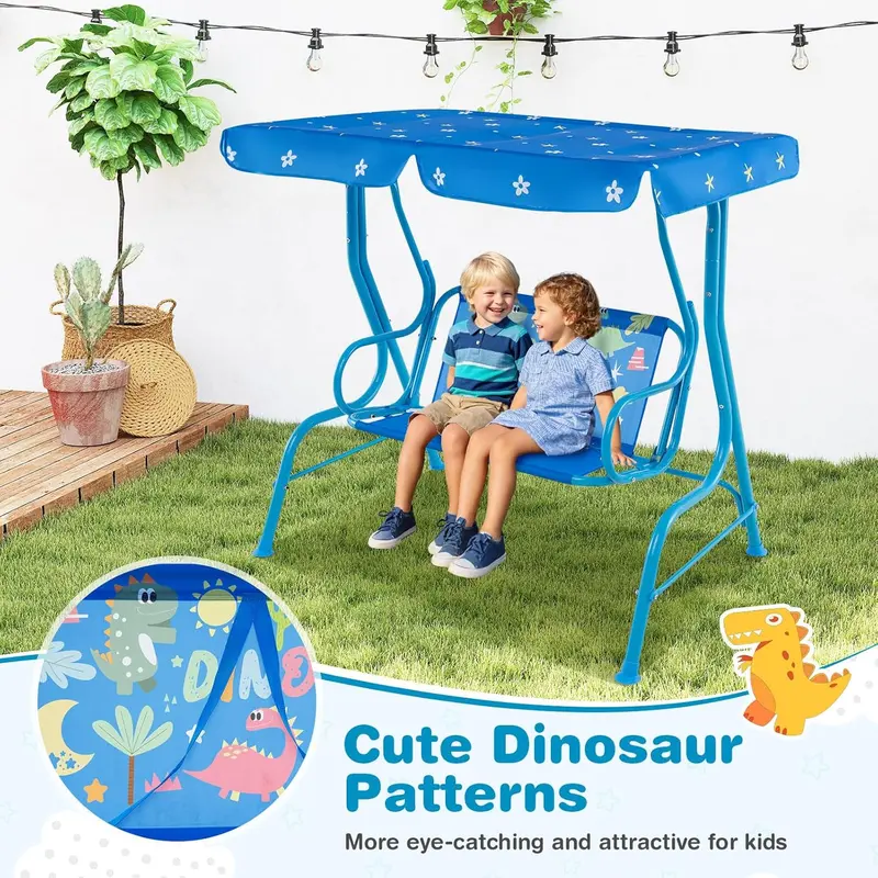 GYMAX Kids Patio Swing Chair, 2 Seats Garden Swing Bench with Adjustable Canopy and Safety Belts, Porch Swinging Lounger Seater for Outdoor & Indoor 7
