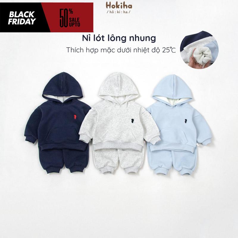   Hokiha  B276- Bộ quần áo hoodie nỉ lót lông nhung thêu gấu cho bé trai bé gái vải nỉ mềm mịn ấm áp size 8-17kg 