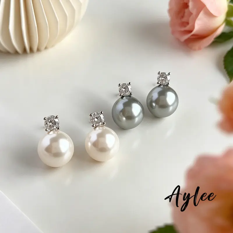 [Aylee] Anting mutiara abu-abu dan putih anting zirkon sederhana dan serbaguna untuk wanita Y1323