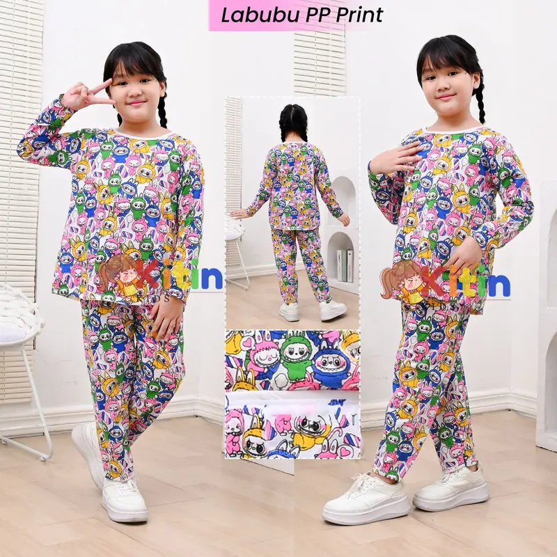 KITIN - SETELAN BAJU TIDUR DAN PIYAMA ANAK CEWEK/PEREMPUAN MOTIF FULL PRINTING LABUBU MONSTER UKURAN 4-12 TAHUN BAHAN KAOS 0