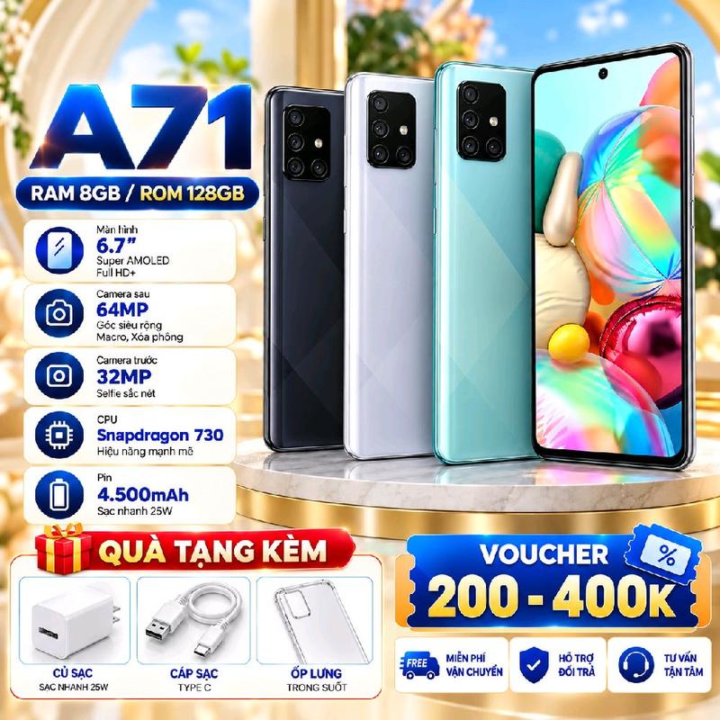 99: 2ND HAND Điện Thoại Sam A71 Ram 8/128GB ,Màn Hình Lớn 6.7ind ,Pin 4700Mah ,Sử Dụng 2xim 2 sóng khỏe ,lướt Wed Xem Fim Chơi Game Mượt Mà ,Tặng Sạc Cáp Ốp Lưng ,dùng được mọi áp ngân hàng Ạ