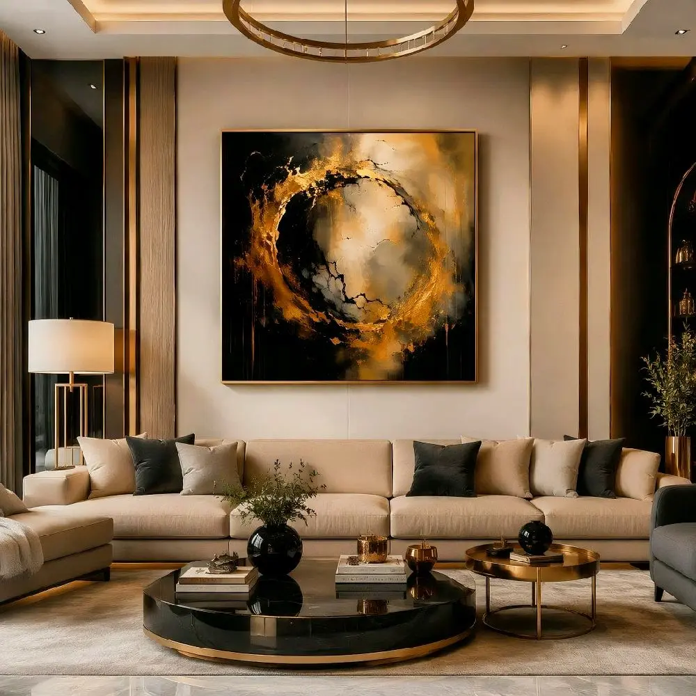 Golden Eclipse | Luxury Abstract Black & Gold Wall Art | Karya Seni Dinding Abstrak Mewah Hitam & Emas untuk Dekorasi Rumah