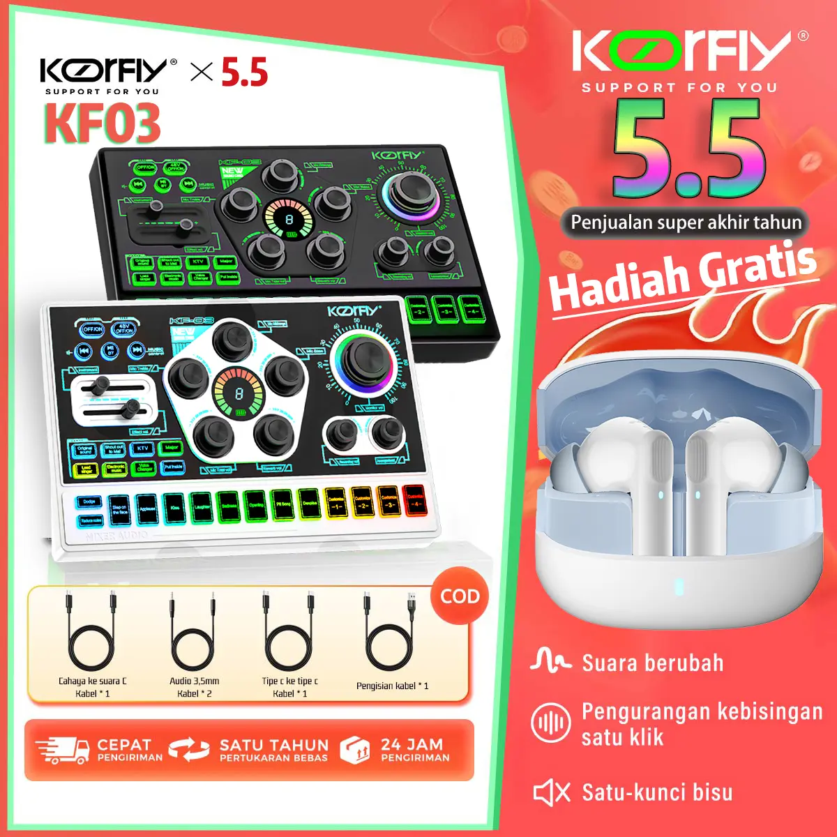 KOORFLY KF03 SoundCard 48V cahaya RGB mic Mixer Bluetooth sound card Pengurangan Kebisingan for Streaming Langsung karaoke Siap
