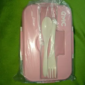 CMC[C-545]Kotak Makan 3 Sekat Sendok Garpu / Kotak Makan Anak BPA FREE / Lunch Box Set Jerami