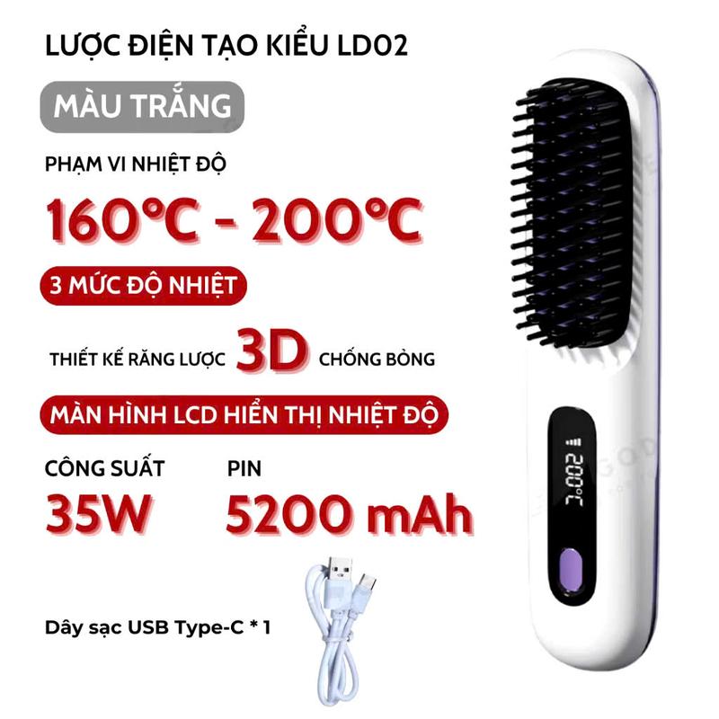 Lược Điện duỗi tóc không dây chăm sóc tóc suôn mượt tạo kiểu dễ dàng mang theo Màn Hình LCD Hiển Thị Nhiệt Độ 35-200°C Thiết Kế Răng 3D An Toàn Cho Tóc