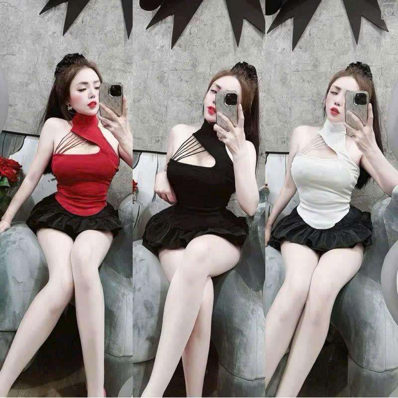 (3 MÀU) Set áo yếm cổ cao chéo dây kèm chân váy vải voan tơ - thun Ladong H814 / set đi biển, set bộ , set nữ tôn dáng , set chân váy , set bộ nữ , set váy