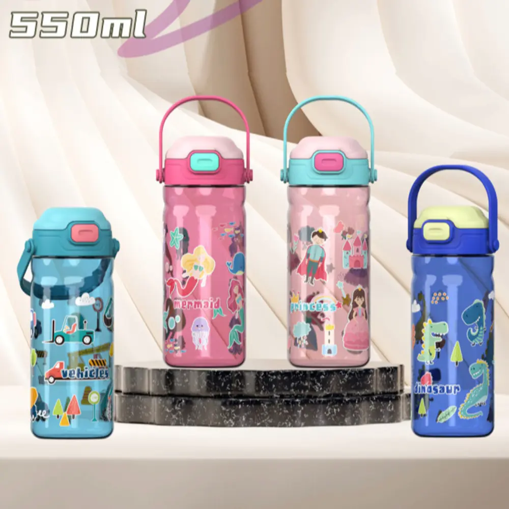 New 550ML Large Capacity Water Bottle Plastic Portable Children's Straw Cup with Handle Cartoon Drinking Tumbler Boys Girl