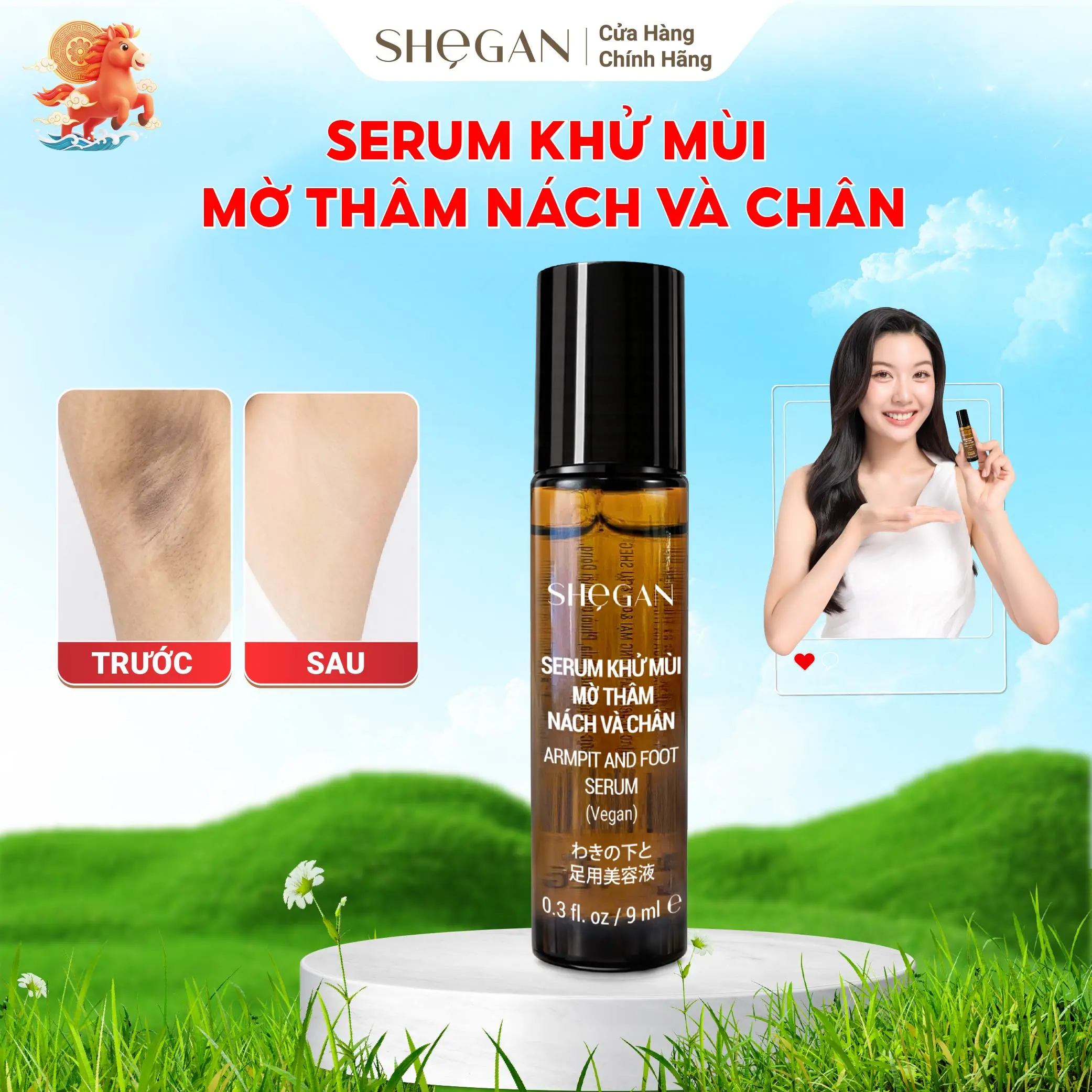 Serum Khử Mùi Mờ Thâm Nách và Chân SHeGAN 9ml - Hỗ Trợ Dưỡng Sáng Vùng Da Dưới Cánh Tay, Khử Mùi Mồ hôi, Dưỡng Ẩm, Nam Nữ, Mẹ bầu Mẹ Sau Sinh, Lăn Khử Mùi