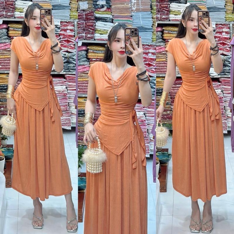 Mã C272 Sét Áo Cổ Đỗ Xếp Ly Eo + Chân Váy Dài Tiểu Thư Thun Nhũ Ánh Kim