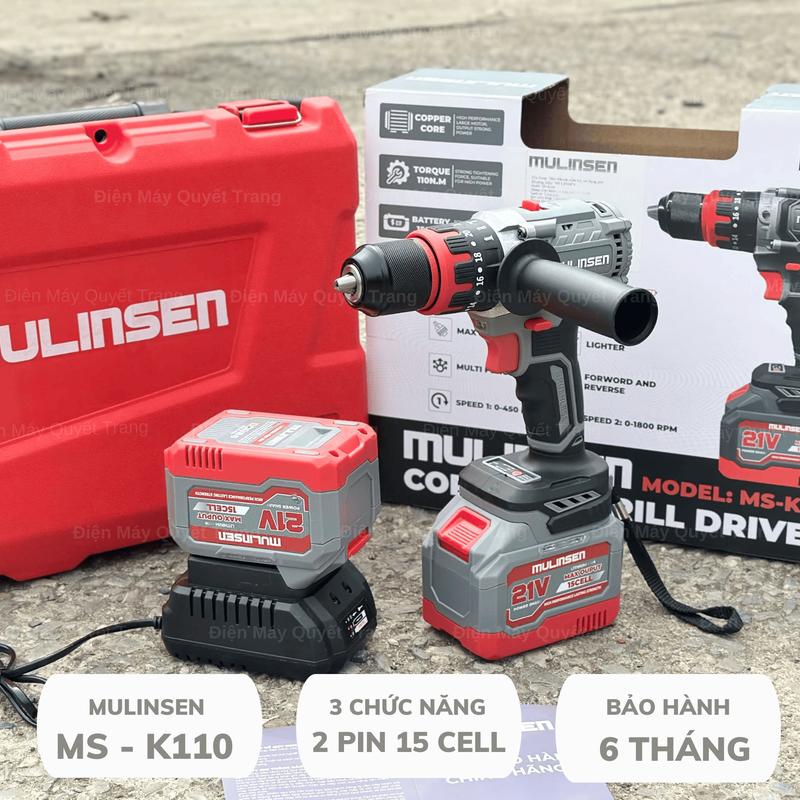 Máy Khoan Pin 13mm Mulinsen MS-K 110 3 Chức Năng Không Chổi Than 2 Pin 15 Cell Bảo Hành 6 Tháng
