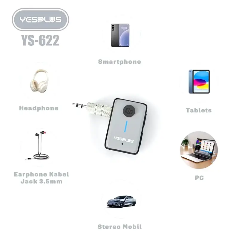 YESPLUS Adapter Penerima Signal Bluetooth  YS622 Dengan Lubang 3.5mm Versi 5.3 Alat Bluetooth Speaker Mobil Dengan Mic Car 5