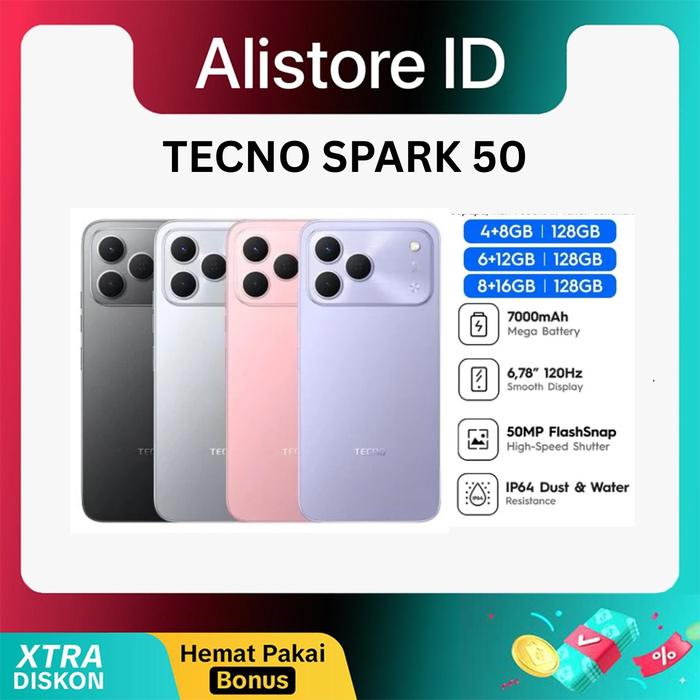 Gambar TECNO SPARK 50 8/128 6/128 4/128 RAM 8+16GB I 6+12GB I 4+8GB ROM 128GB 6.78INCH 120Hz BATERAI 7000MAh GARANSI RESMI - 4/128GB, BLACK dari Alistore ID Kota Malang Tokopedia