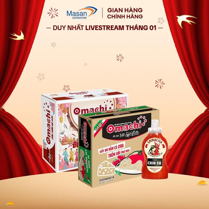  Combo 1 Thùng Mì dinh dưỡng khoai tây Omachi mì trộn xốt Spaghetti + 1 Thùng Mì dinh dưỡng khoai tây Omachi xốt bò hầm x 80gr + 1 tương ớt sriracha 250gr 