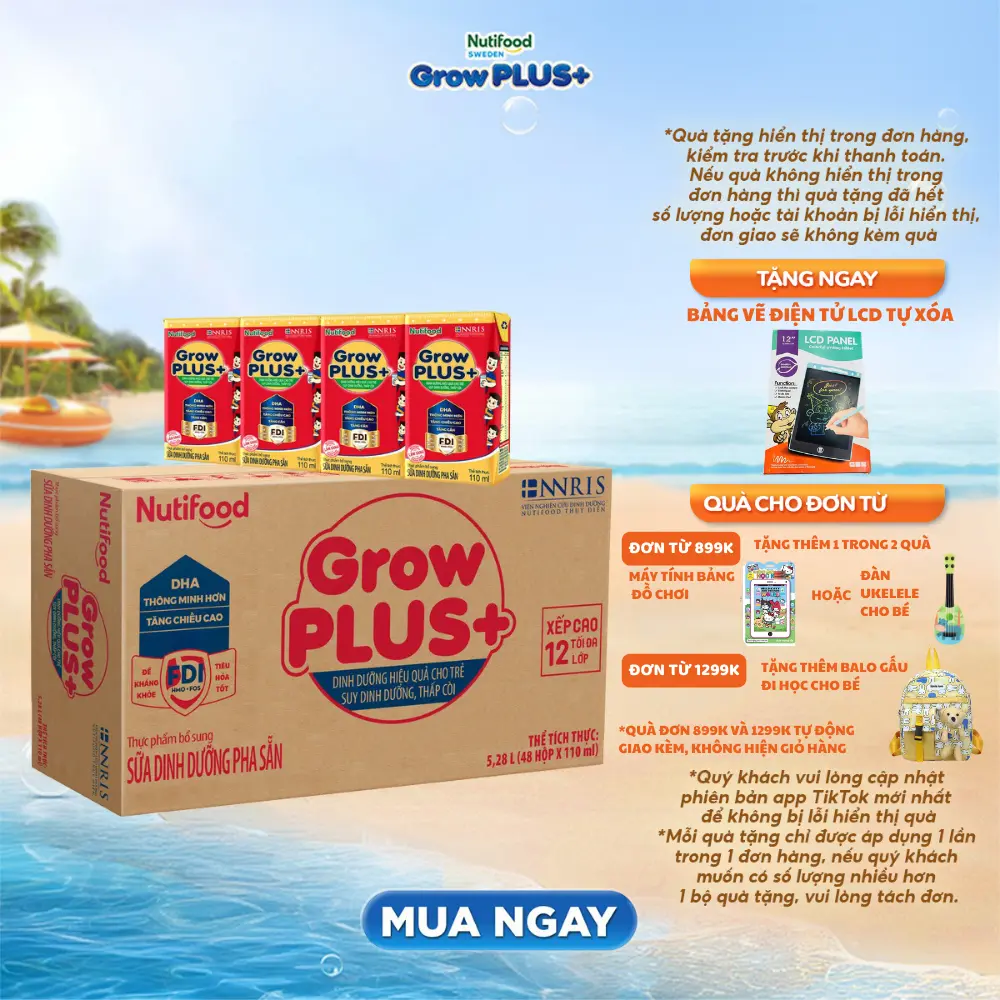 [CÓ ĐƯỜNG/ÍT ĐƯỜNG] Thùng Sữa Bột Pha Sẵn Nutifood GrowPLUS+ Suy Dinh Dưỡng - Thùng 48 hộp x 110ml