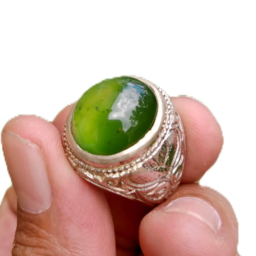 Cincin Akik Serfentine Hijau Botol Ring Alpaka Super Ukuran 16 x 14 x 8 mm