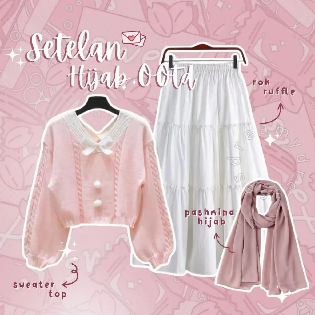 3in1 Set 136 - Setelan Wanita Hijab OOTD Kekinian terbaru Outfit Lebaran OOTD Hijab Korean Style Sweater Rajut Oversize Tebal Rok Putih Susun Ruffle