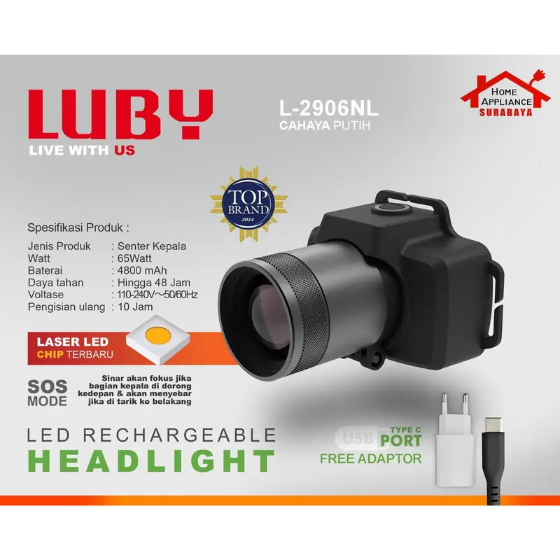 LUBY Headlamp Senter Kepala LED ZOOM 65W - 65 Watt 4800mAh L-2906NL / L-2906NK Cahaya Putih - Kuning L 2906 NL / NK Tahan 48 Jam - LED Rechargeable Headlight 1