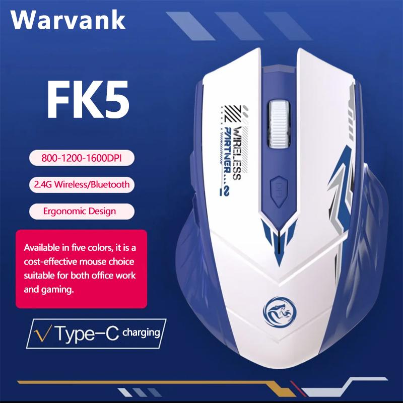 Chuột không dây Warvank FK5 Bluetooth 5.4+ 2.4G, độ phân giải 800/1600 DPI, thiết kế công thái học, 6 nút bấm, sạc lại được, dùng cho máy tính và laptop, giao tiếp qua cổng Type‑C