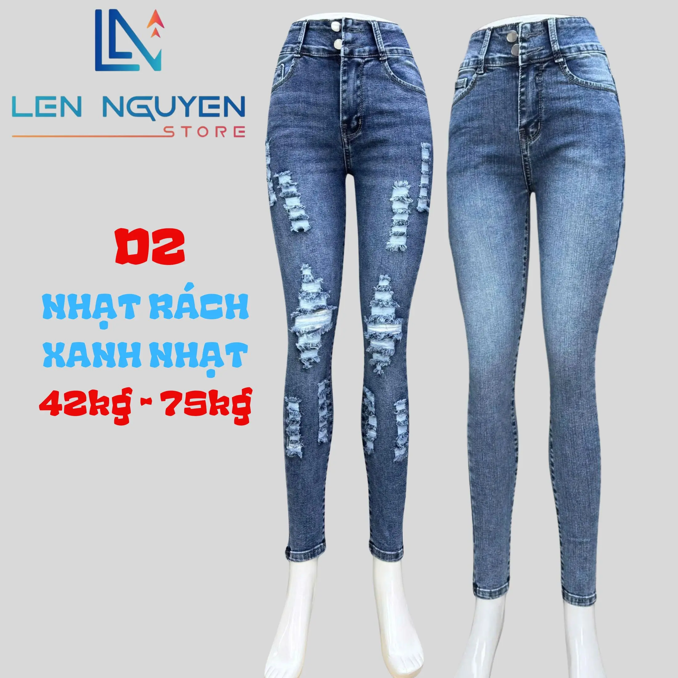 D2 [ Len Nguyen Store ] Quần Jean (Bò) Nữ , Lưng Cao 2 Nút, Dài 95-97cm, Màu Xám, Xanh, Size 42kg-75kg, Thiết Kế, Co Giãn, Mền Mịn, Bigsize, Hotgirl, Skinny, Ống Ôm, Mang Phong Cách Năng Động, Trẻ Trung, Tự Tin, Dễ Phối Đồ. Denim Pants Women