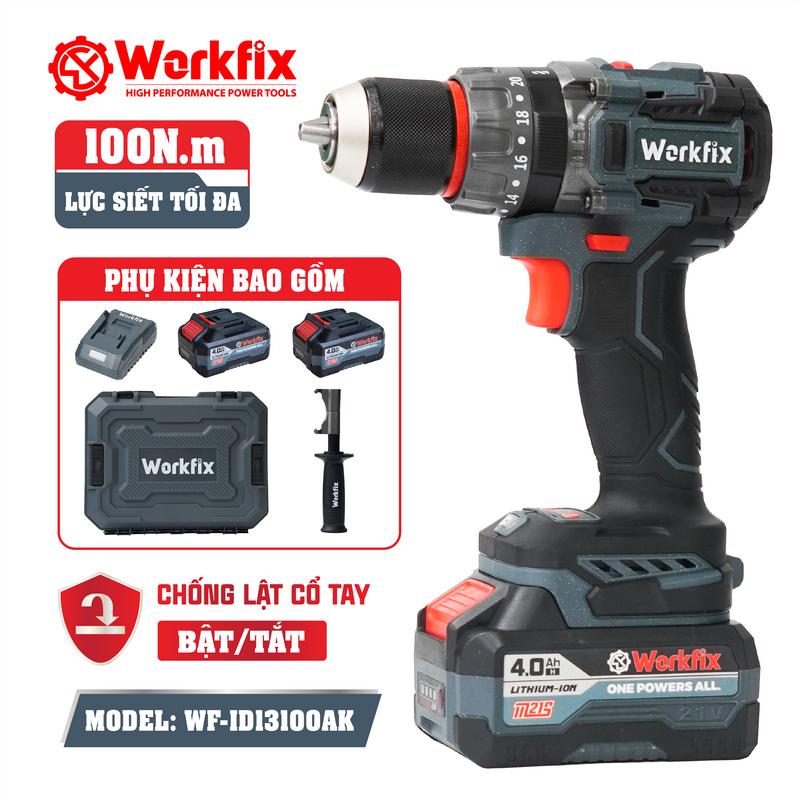 Máy Khoan 3 Chức Năng 100N.m Workfix - ID13100AK - Đầu Kẹp 13mm Auto Lock - Chống Lật Cổ Tay - Brushless Motor - Chân Pin Phổ Thông - 2 Pin 21V/4Ah - Có Tay Cầm Trợ Lực - Bảo Hành Chính Hãng 6 Tháng khoan không dây diy