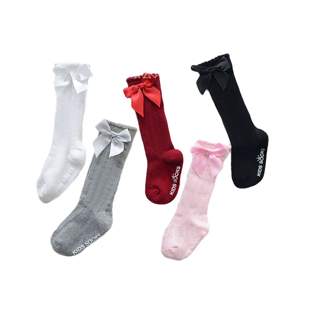Toddler Baby Girls Tube Socks Solid Color Bowknot Letter Printing Fashion Breathable Warm Stockings