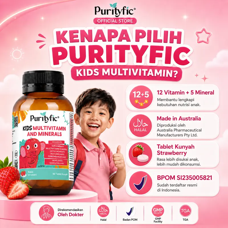 Purityfic Kids Multivitamin 12 Vitamin & 5 Mineral  - Vitamin Anak untuk Membantu Pertumbuhan & Perkembangan Anak dan Memelihara Kesehatan Anak | 60 Tablet Kunyah rasa Strawberry – Made in Australia