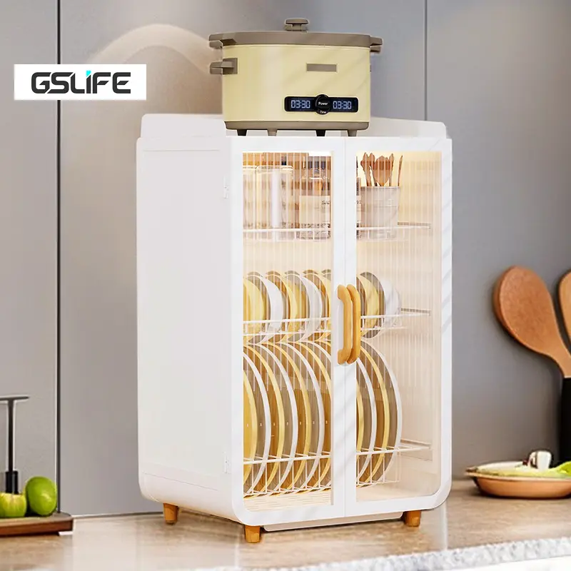 GSlife Promosi Toko Baru Rak Piring Tertutup 2/3 Tingkat Lemari Piring Serbaguna Dapur Rak Dengan Pintu Putih 0