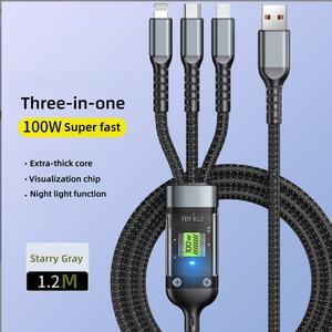 100W 3‑in‑1 Super Fast Charging USB‑C to Lightning Data Cable with Dark Mode Flashlight for Android/Apple/Huawei/Xiaomi usb