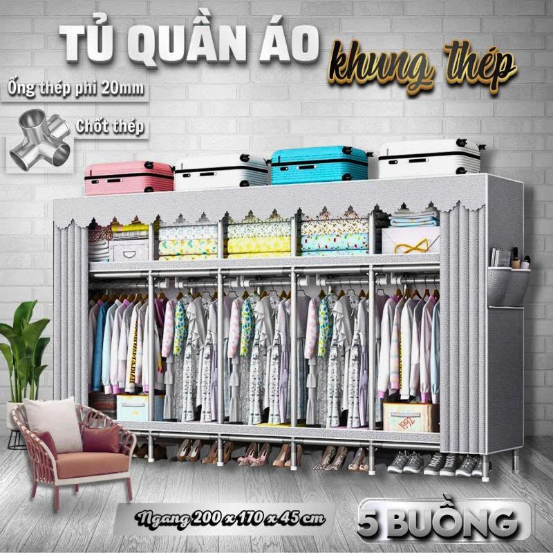 Tủ Quần Áo Vải Khung Thép Titan 2m5 Cỡ Lớn - 2,3,4 Buồng Tủ Vải Đa Năng Gấp Gọn Lắp Ráp Nhanh Chóng Đựng Đồ Treo Quần Áo Tiện Lợi