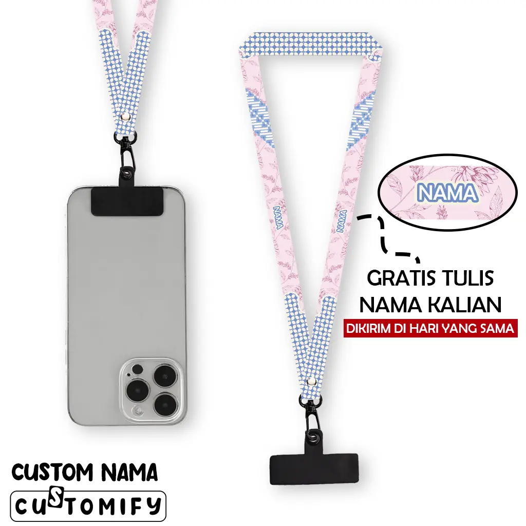 Lanyard Custom Nama Tali Gantungan Handphone - Bisa Request Nama 1,5 cm Printing 2 Sisi - Design 39