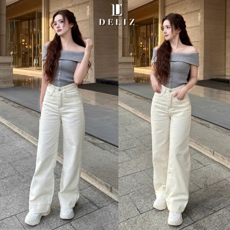  DELIZ - Quần Jean nữ ống rộng cạp cao form suông chất kaki mềm dày dặn J411 DELIZ 