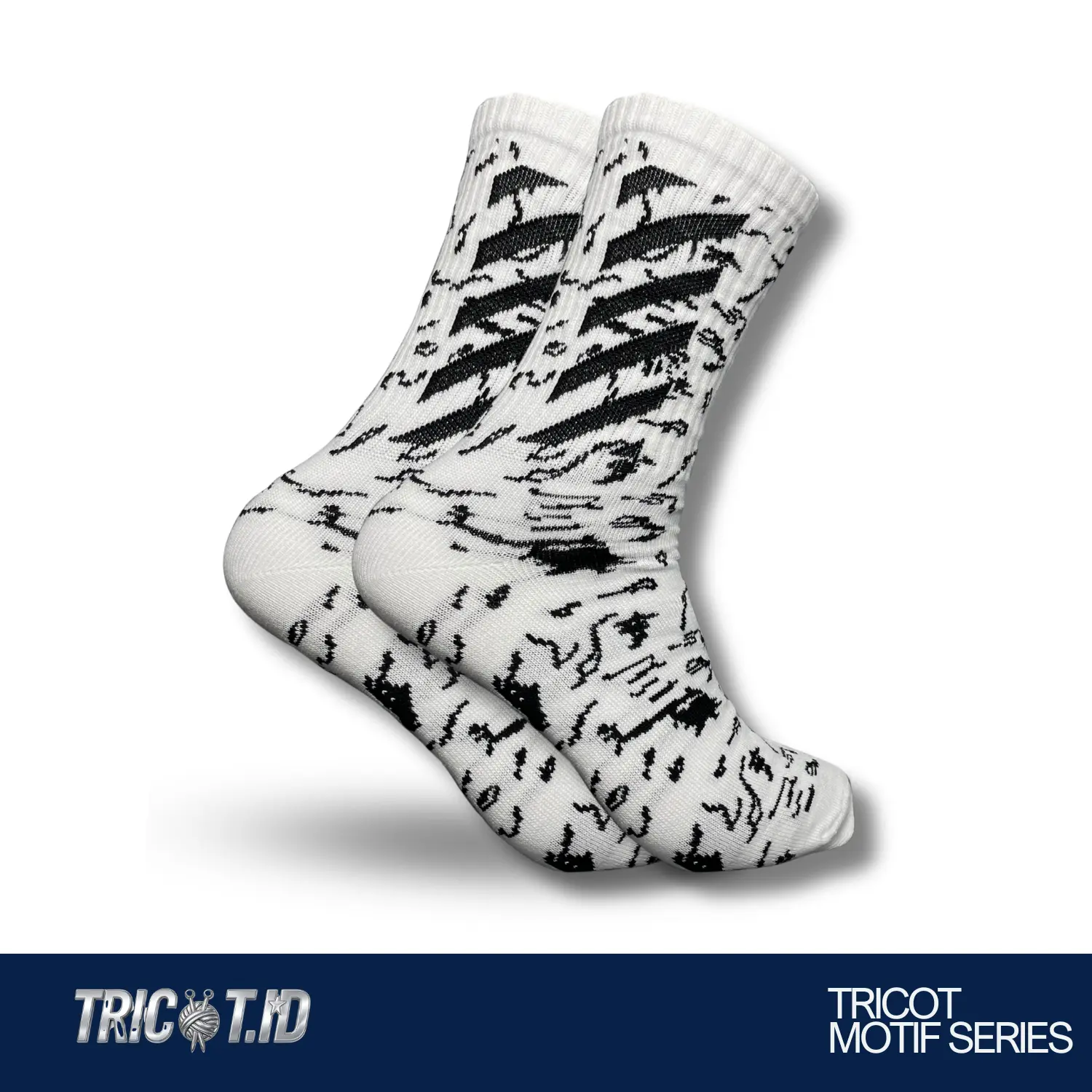 TRICOT.ID-Kaos Kaki Oldschool Panjang Motif Hitam Putih Pria Wanita Dewasa Nyaman Tebal