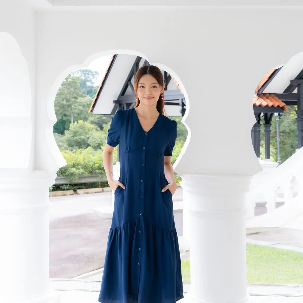Madeline Sleeves Buttons Dress In Navy