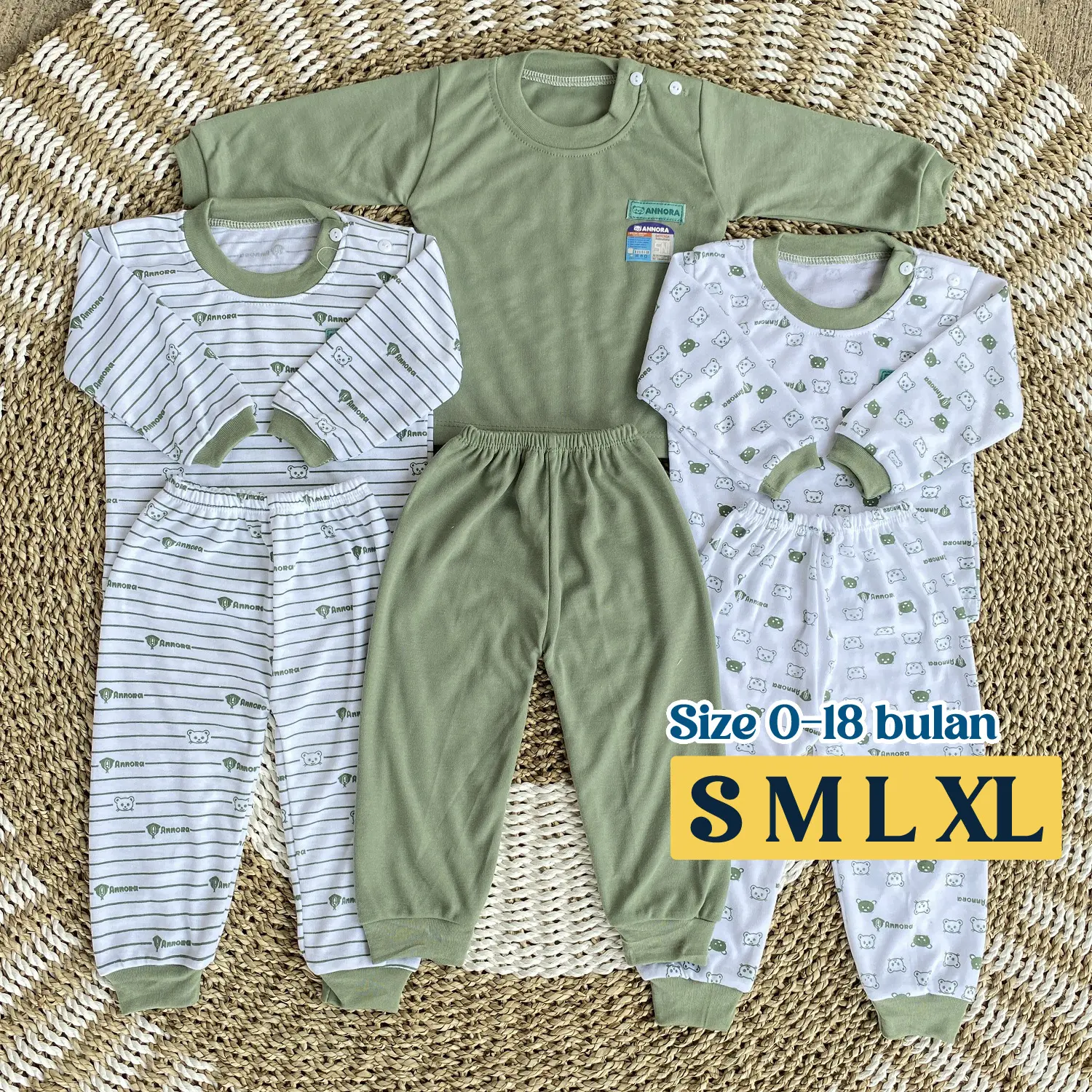 ANNORA 3 Setelan Bayi 0-18 Bulan S M L XL Baju Tidur Piyama Bayi Panjang Seri Warna Sage Bear