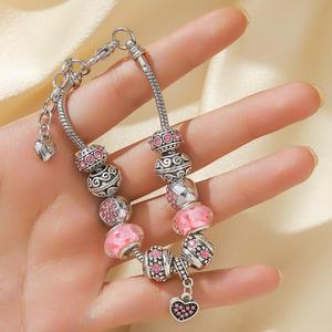 สร้อยข้อมือลูกปัดแก้วคริสตัล DIY สีชมพู พร้อมลูกปัดรูใหญ่ สไตล์โดดเด่น สำหรับผู้หญิง ดีไซน์หรูหราและน่ารัก