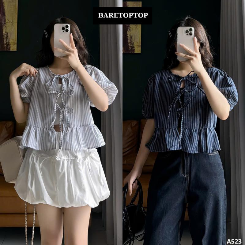  BARE_ Tặng kèm áo 2 dây  Áo Babydoll Kẻ Buộc Nơ Tay Phồng Áo Kiểu Nữ Tay Bồng Kèm Áo 2 Dây_A523 