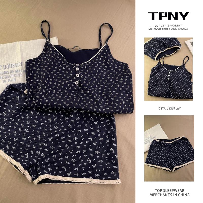 Đồ Ngủ Áo Yếm Hoa Ngọt Ngào Cho Nữ Phong Cách Mới Mùa Hè 2025 Quần Đùi Dễ Thương Và Gợi Cảm Thích Hợp Mặc Nhà Bộ Ngoại Cỡ TPNY