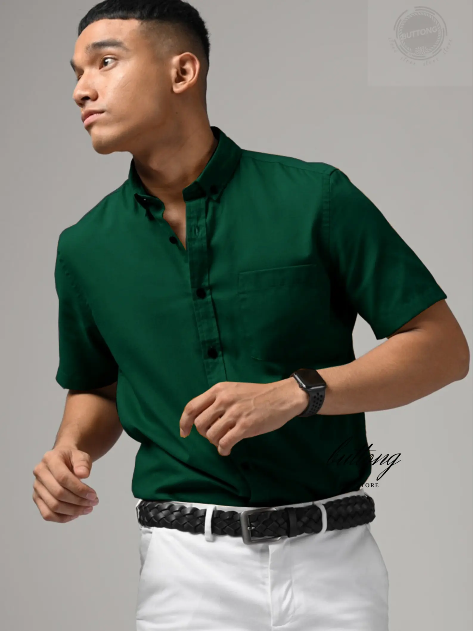 Kemeja Lengan Pendek Pria Casual Warna HIJAU DAUN ( EMERAL)  - M/L/XL Cotton Rami - Polos, Pria Cuci Dingin White Formal