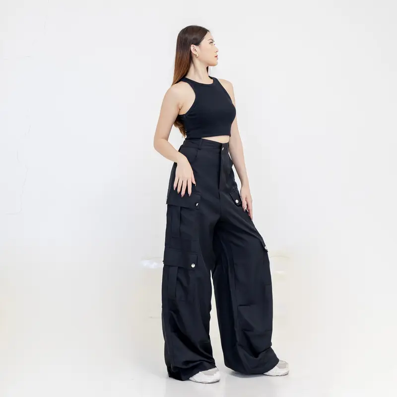 Georgios Women | Aline Pants Vol 2 | Celana Panjang Cargo Korean Wanita Kekinian High Waist Casual Cewek Dewasa Hitam Loose Karet Baggy 5