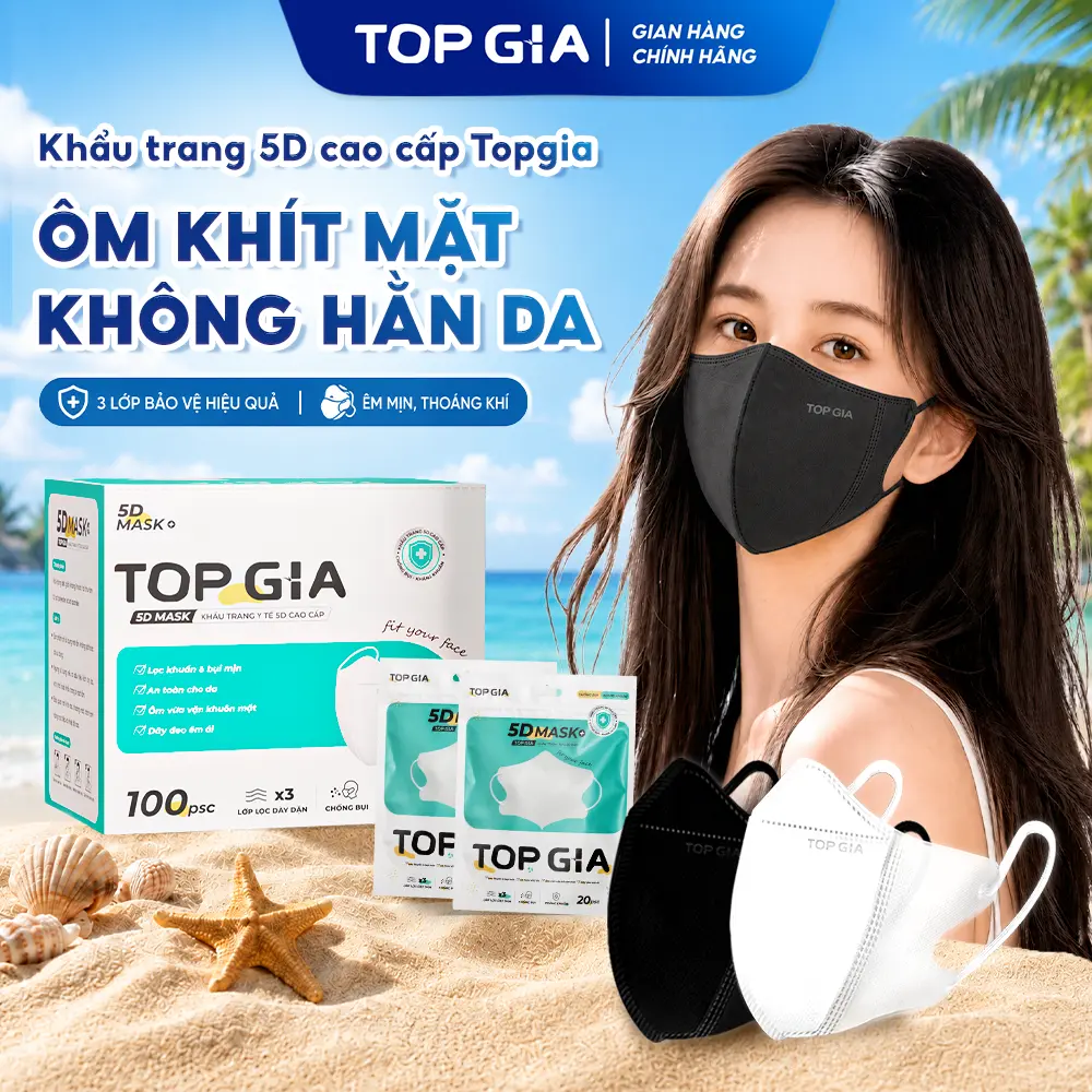 [DEAL SỐC 200C-BẢO VỆ TOÀN DIỆN] Thùng 100/200/300/500 chiếc khẩu trang 5D cải tiến TOPGIA an toàn, thoáng khí, chống thấm nước và ngăn bụi mịn, 3 lớp vải không dệt cao cấp(KTR)
