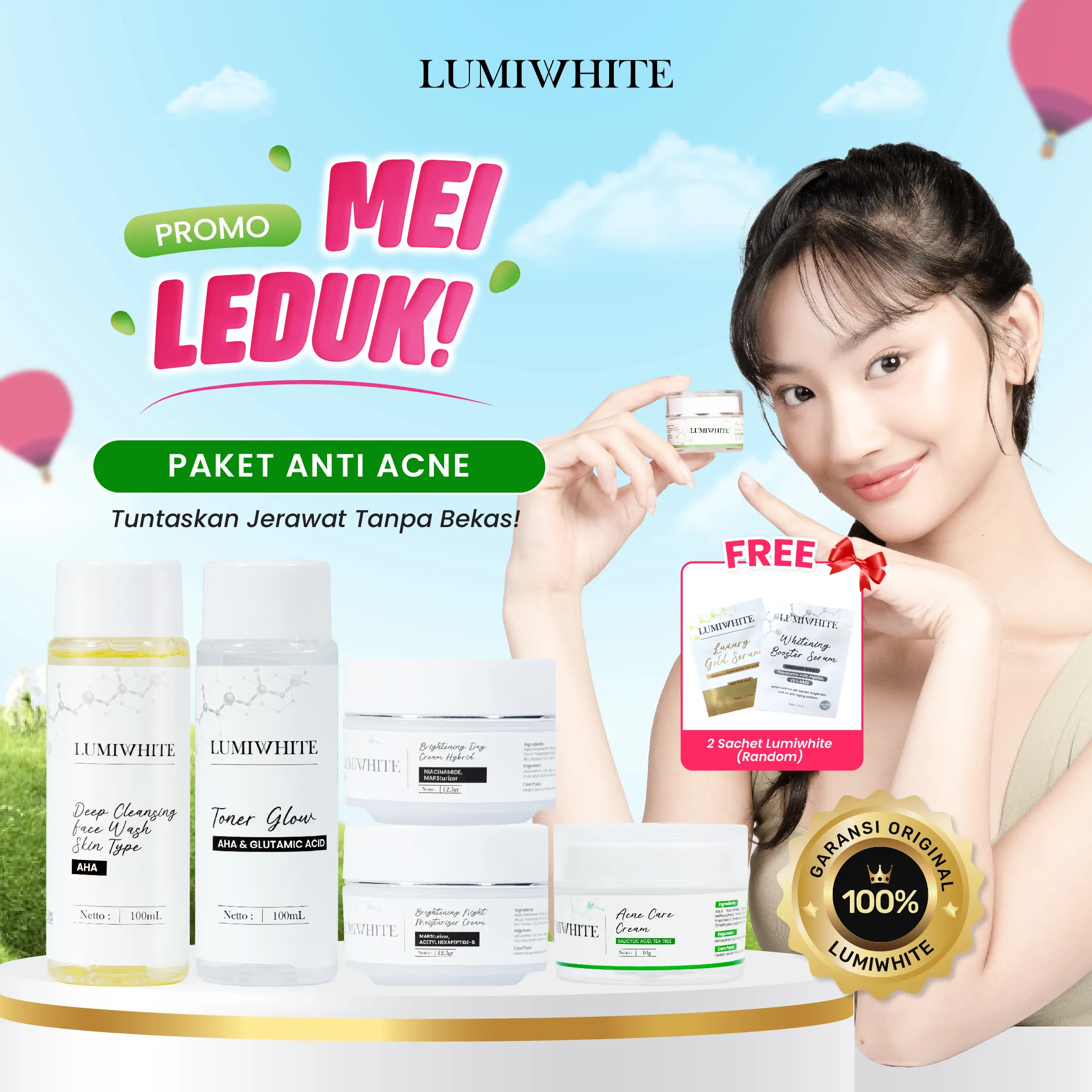 LUMIWHITE - Paket Acne Care Lengkap Untuk Jerawat (Facewash, Toner, Day Cream, Night Cream dan Acne (FREE 2 SACHET RANDOM)